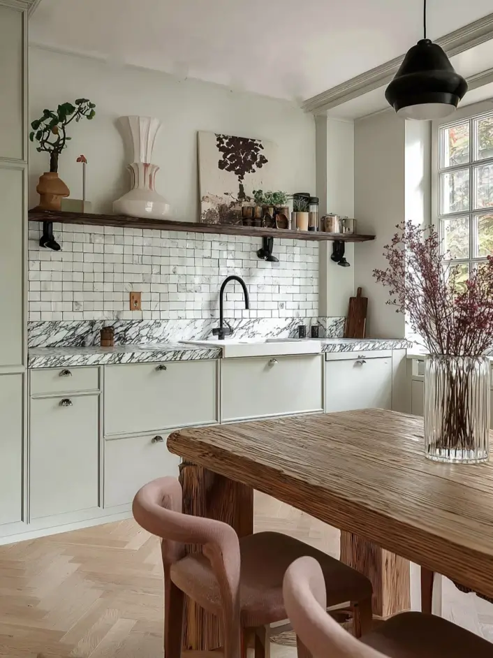 Scandinavian kitchen interior design with rustic timber table and marble backsplash.