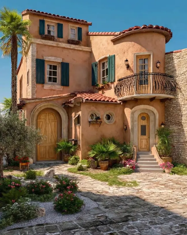 38 Small Mediterranean-Style Homes That Define Coastal Charm 30 Tuscan-inspired small Mediterranean home with terracotta stucco, a curved turret, and a wrought-iron balcony.