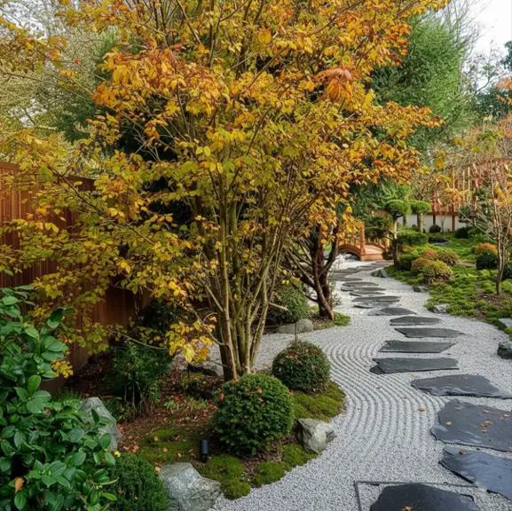 Zen garden design with a curving slate stepping stone path on raked gravel in autumn.