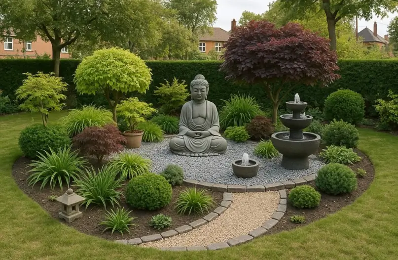 Circular backyard zen garden bed with a Buddha statue, fountain, and Japanese maples.