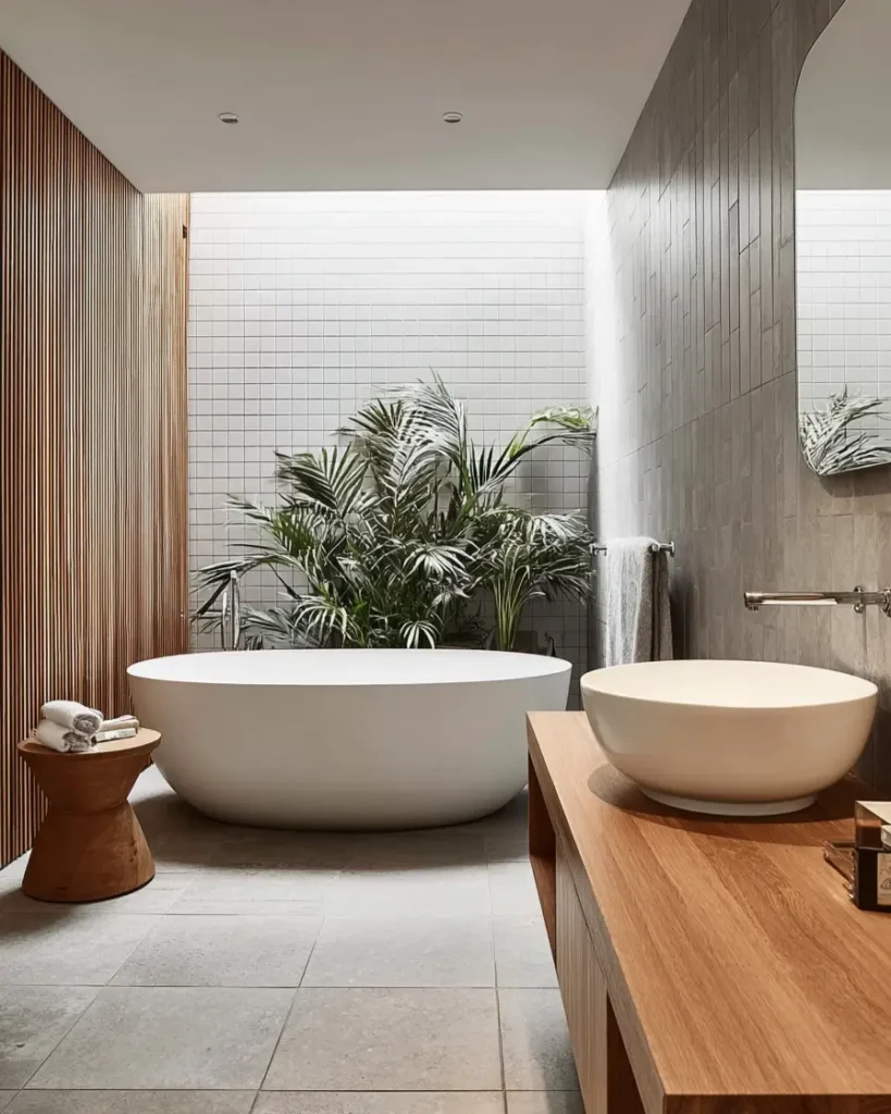 A contemporary Scandinavian bathroom featuring a freestanding tub, wood-slat wall, and a large indoor plant under a skylight.
