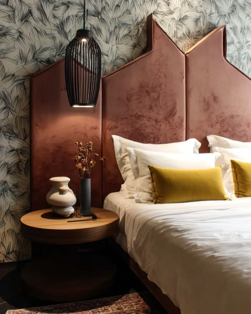 49 Headboard Design Ideas That Instantly Elevate Your Bedroom 31 Dusty rose velvet headboard with geometric jagged silhouette against black and white leaf wallpaper.