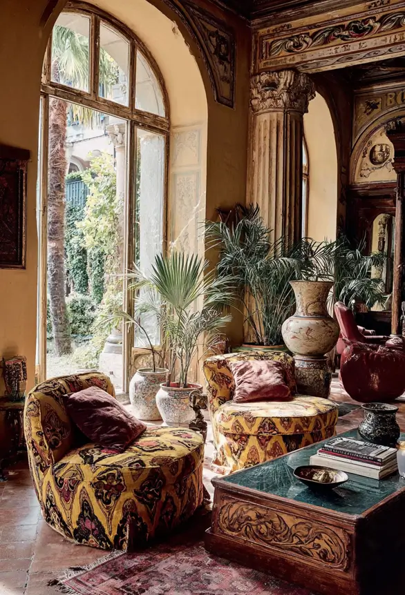 46 Modern Mediterranean Living Room Design Ideas 31 Mediterranean living room with vintage patterned armchairs and lush indoor plants.