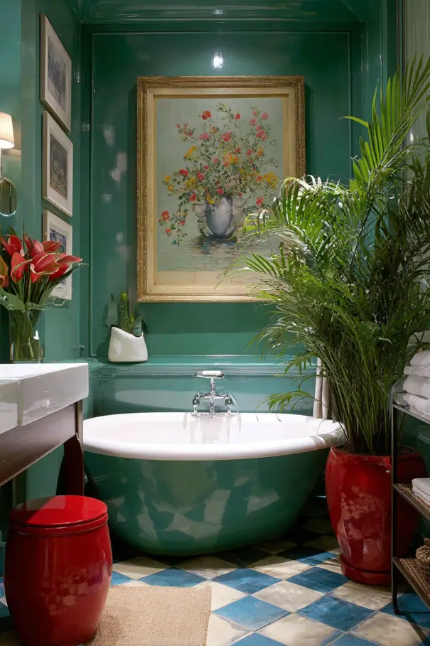 Eclectic bathroom with high-gloss teal green walls, a matching tub, and bright red accents.