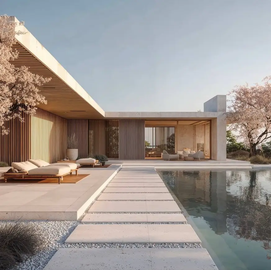 A Japandi style home exterior with a pool, concrete walls, and vertical wood slats, connecting indoors and outdoors.