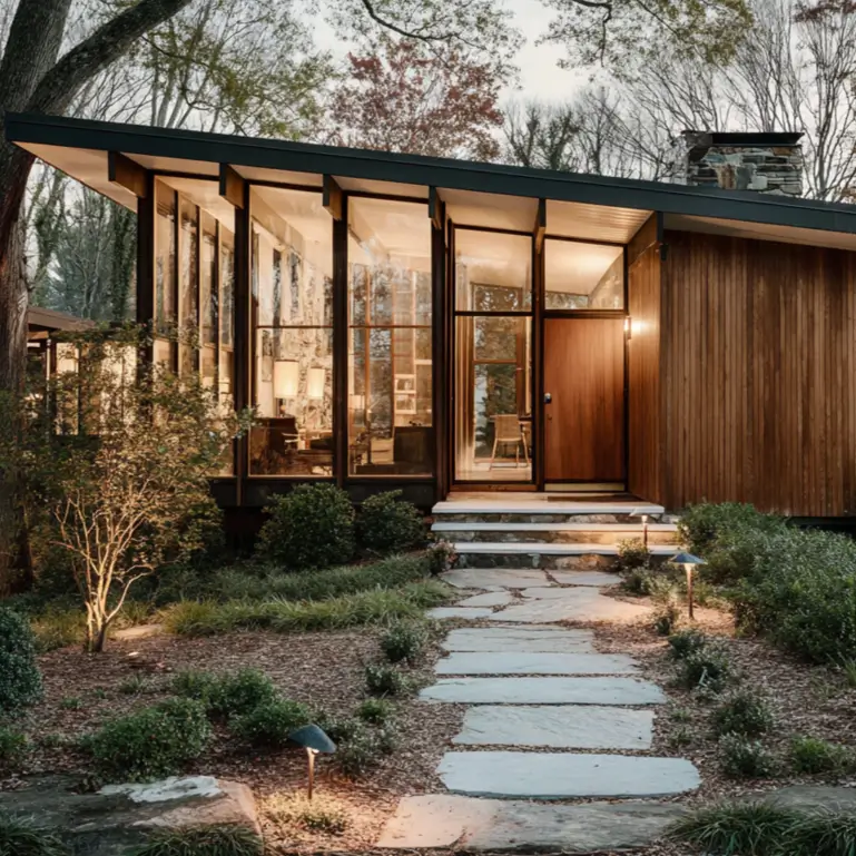 37 Mid Century Modern House Exteriors to Inspire Your Renovation 31 A mid-century modern home exterior at dusk, with illuminated glass walls, vertical wood siding, and a stone path.