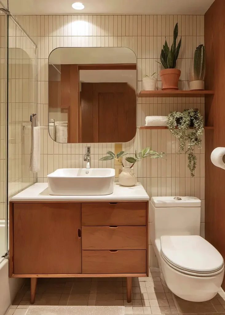 43 Mid Century Modern Small Bathroom Ideas for a Timeless Oasis (2025) 31 Floating wood shelves with plants and cream vertical tiles in a mid century small bathroom.