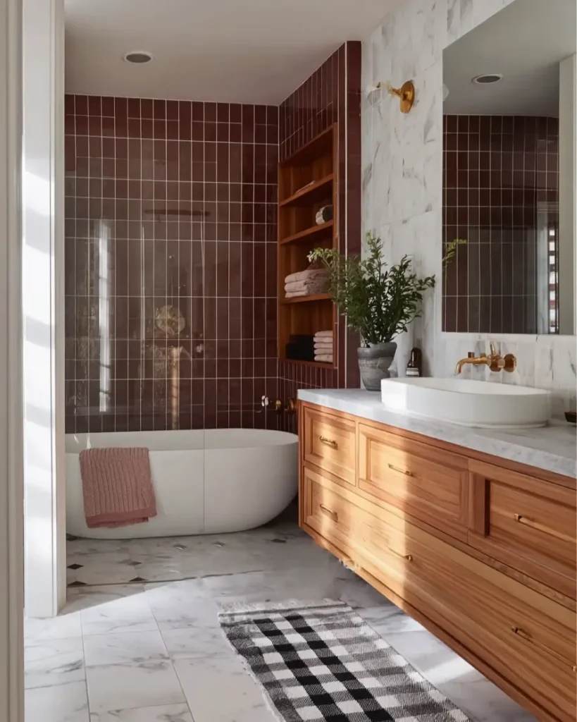 46 Scandinavian Bathroom Design Ideas for a Serene Sanctuary 31 Burgundy vertical shower tiles with white marble walls and wood vanity in a bold bathroom.