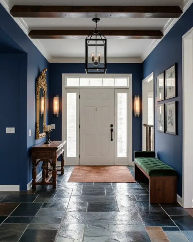 Modern Tudor Interior Design: A Definitive Guide 31 A modern Tudor entryway with a natural slate floor, exposed ceiling beams, and sophisticated, deep blue walls.