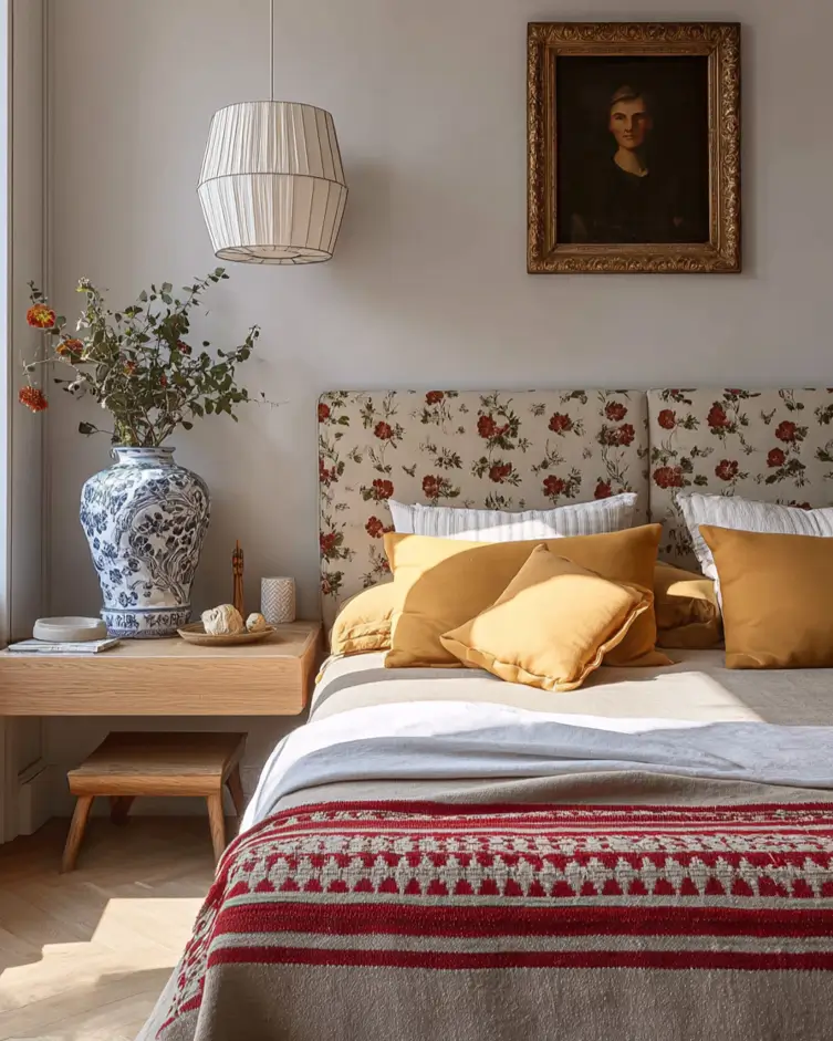 47 Scandinavian Bedroom Interior Design Ideas for a Serene Retreat 31 Scandinavian design bedroom blending a floral headboard, gold-framed art, and a modern light wood nightstand.