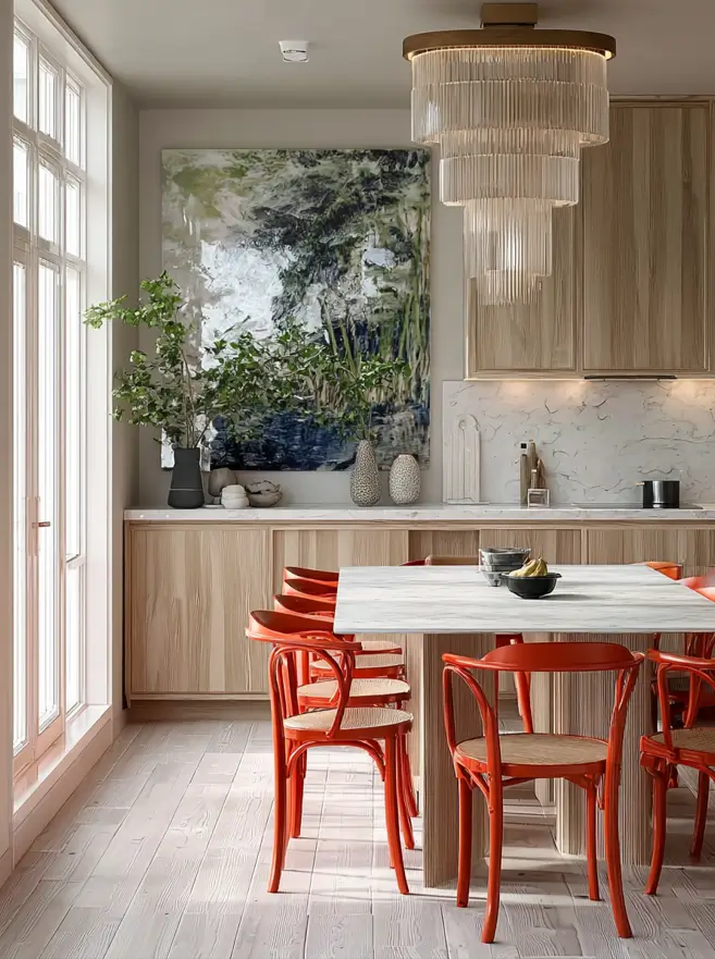 Scandinavian kitchen ideas featuring large abstract art and red bentwood chairs.
