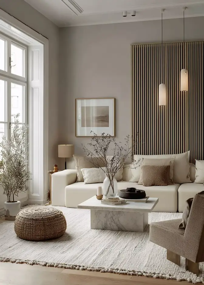 35 Scandinavian Living Room Ideas for a Cozy, Minimalist Home 31 White sculptural marble coffee table on a textured rug in a neutral Scandinavian living room with wood slat wall.