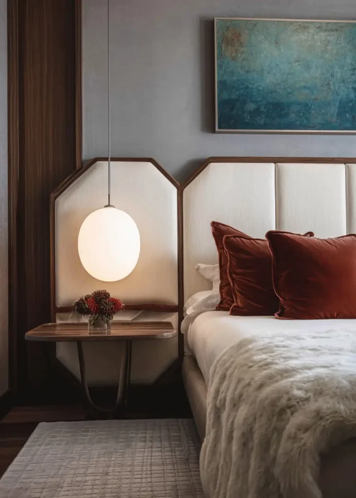 49 Headboard Design Ideas That Instantly Elevate Your Bedroom 5 Geometric cream upholstered headboard with dark wood framing and integrated globe pendant lighting.