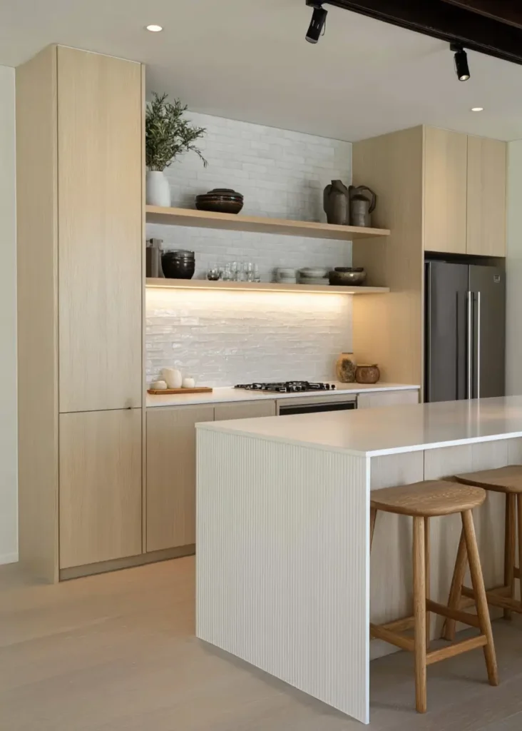 Kitchen design Scandinavian style with pale oak cabinets and textured white tile backsplash.