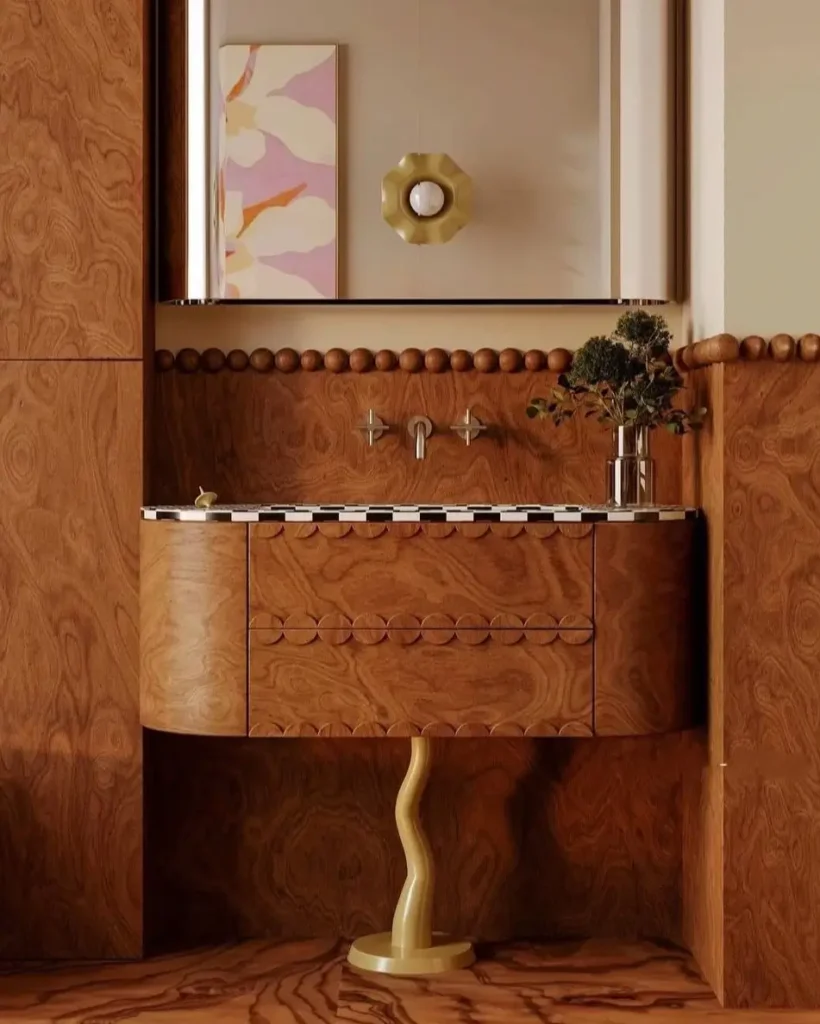 43 Mid Century Modern Small Bathroom Ideas for a Timeless Oasis (2025) 5 Intricate wood vanity with scalloped details and wavy pedestal leg in a mid century small bathroom.