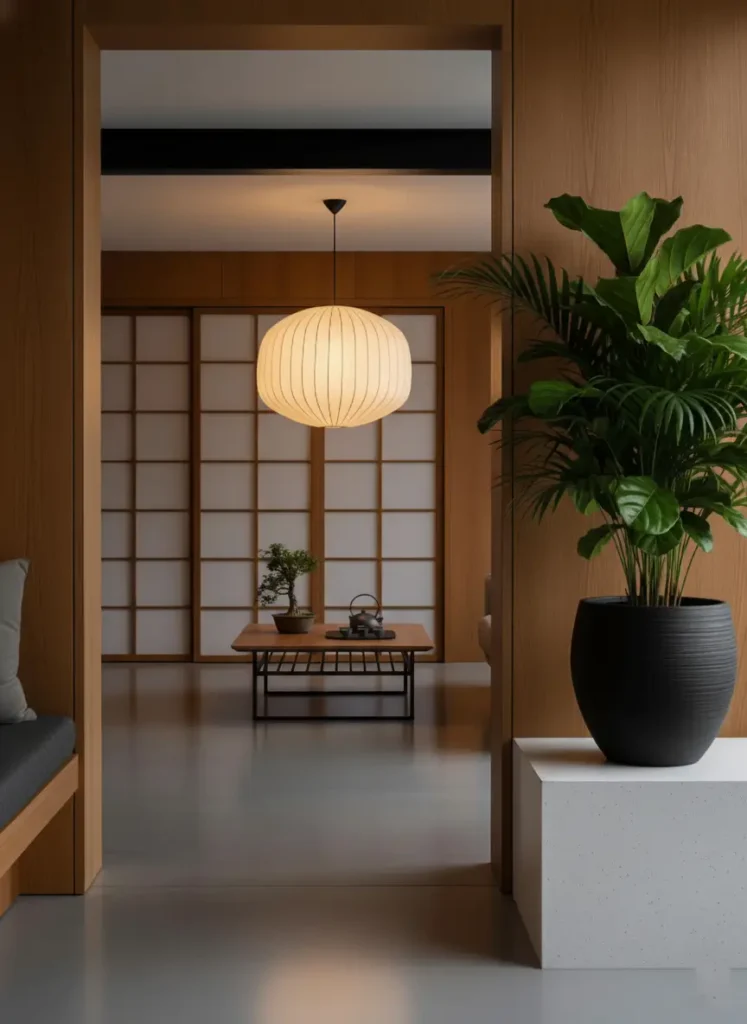 A view through a wood doorway into a Japandi room with shoji screens, a low table, and a paper lantern.