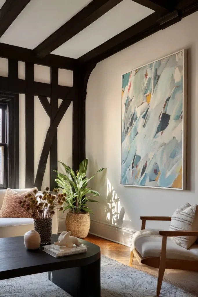 Modern Tudor Interior Design: A Definitive Guide 5 A bright living room corner showing classic Tudor half-timbering balanced by a large, modern abstract painting.