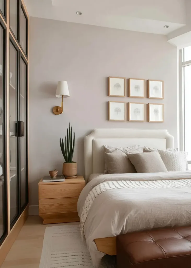 47 Scandinavian Bedroom Interior Design Ideas for a Serene Retreat 5 Scandinavian bedroom interior design with soft greige walls, a cream headboard, a brass sconce, and a glass wardrobe.