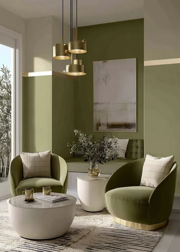 Elegant sitting area with muted olive green walls and matching olive velvet armchairs with gold accents.