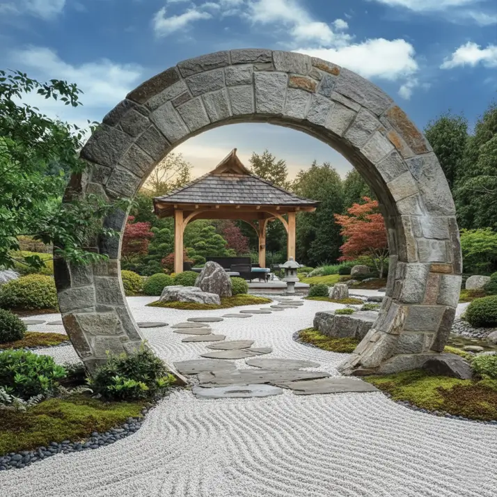 A circular stone moon gate framing a Japanese zen garden and a stepping stone path.