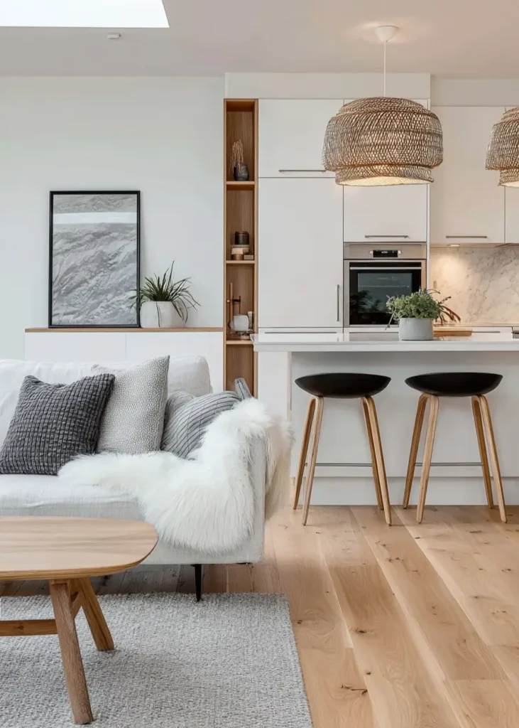 A contemporary Scandinavian kitchen with white cabinets, rattan pendant lights, and a light-filled living area in the foreground.