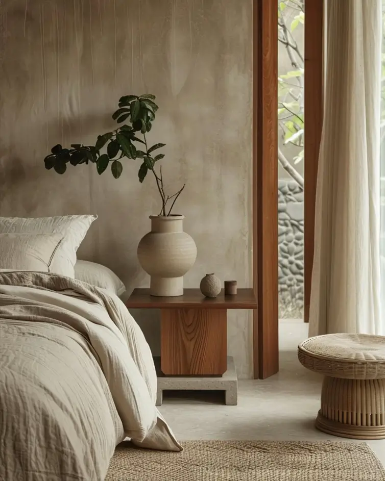 A wabi-sabi Japandi bedroom detail with a textured wall, linen bedding, and a rustic ceramic vase.