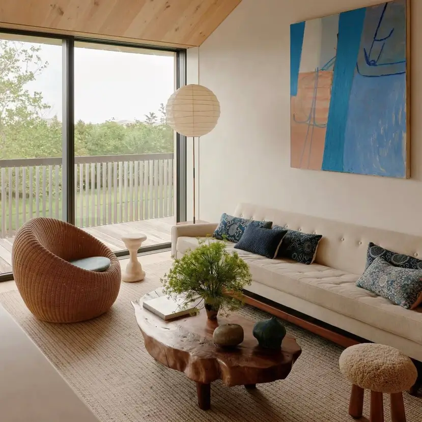 A globally-inspired Japanese living room by Sandra Weingort and Bates Masi, featuring a live-edge table and wicker chair.