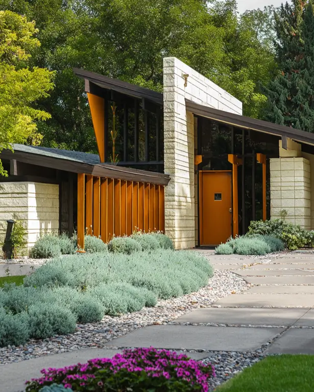 37 Mid Century Modern House Exteriors to Inspire Your Renovation 32 A mid century modern home exterior with light-colored masonry walls, an angular roof, and a vertical wood screen at the entryway.