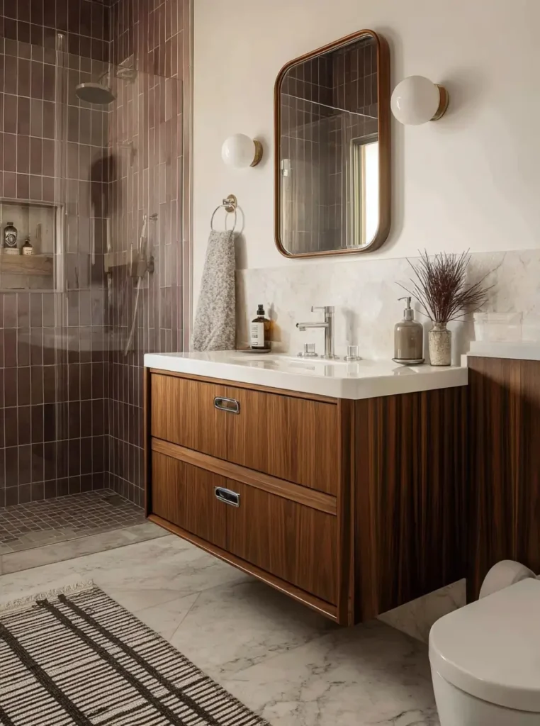 43 Mid Century Modern Small Bathroom Ideas for a Timeless Oasis (2025) 32 Floating walnut vanity with white marble top and vertical mauve shower tiles.
