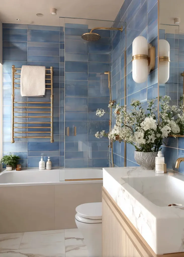 46 Scandinavian Bathroom Design Ideas for a Serene Sanctuary 32 Blue glossy subway tiles with white marble vanity and brass sconces in a bold bathroom.