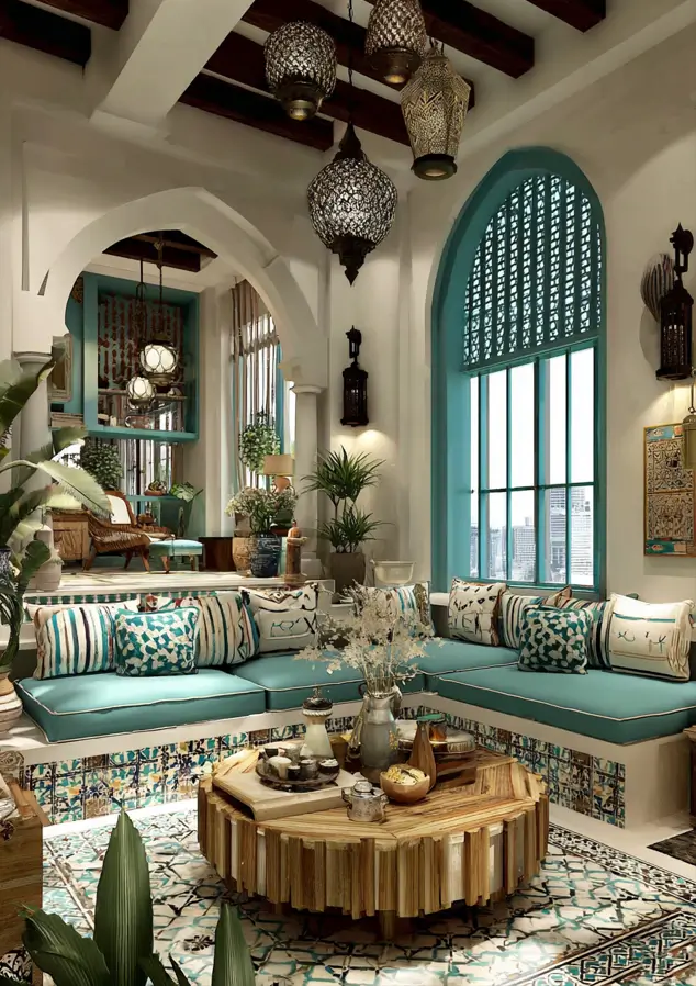 46 Modern Mediterranean Living Room Design Ideas 32 Moroccan-inspired Mediterranean living room with intricate metal lanterns and teal window.