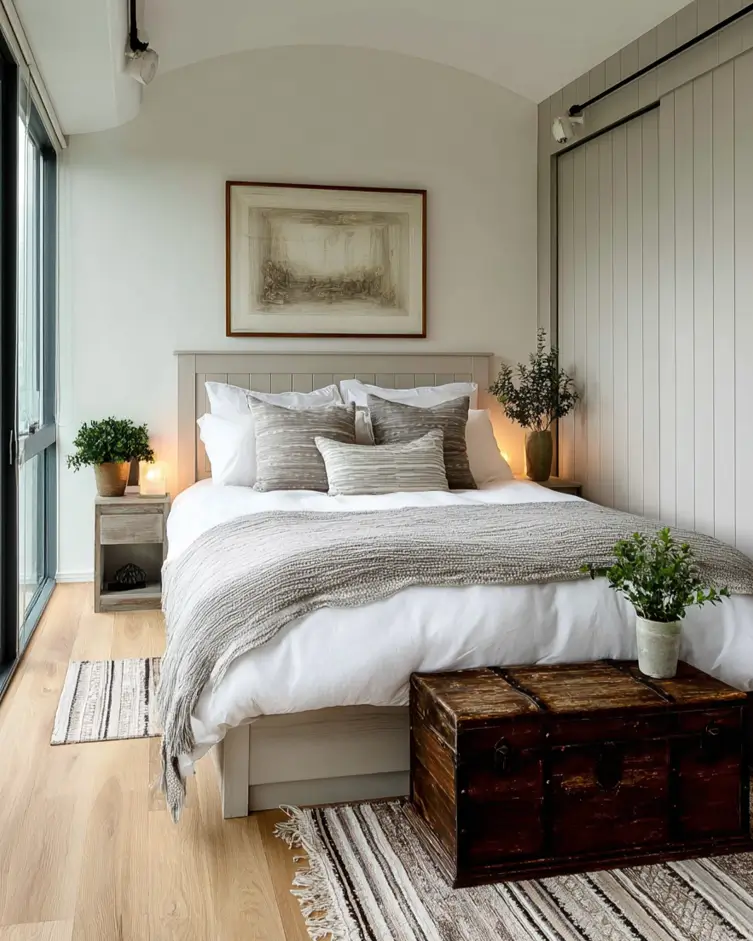 47 Scandinavian Bedroom Interior Design Ideas for a Serene Retreat 32 A Scandinavian bedroom with greige paneled walls, a rustic wooden chest, and layered neutral-toned rugs.