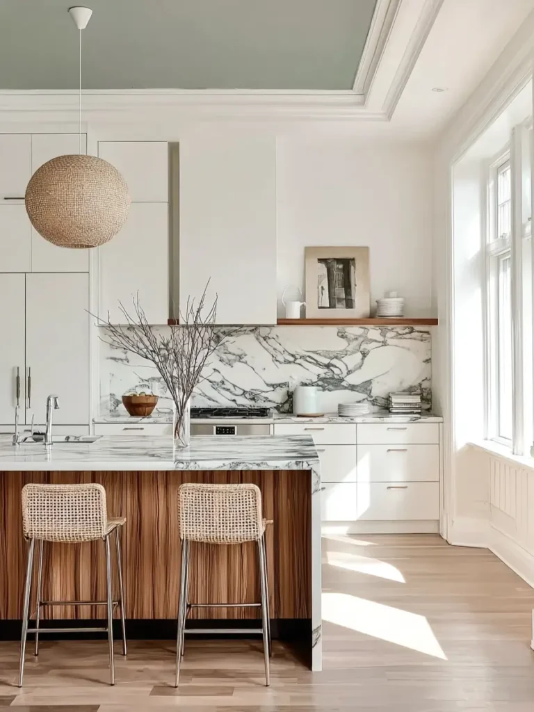Scandinavian kitchen ideas featuring painted sage green ceiling and marble backsplash.
