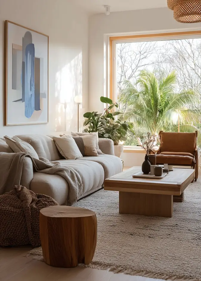 35 Scandinavian Living Room Ideas for a Cozy, Minimalist Home 32 Sun-drenched relaxation corner with cream sofa facing a large window and garden view in a Scandinavian living room.