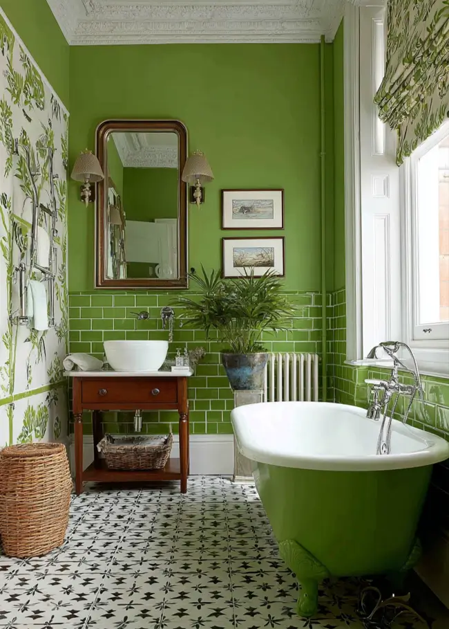 Traditional bathroom with layered spring-green walls, subway tile, and a matching clawfoot tub.