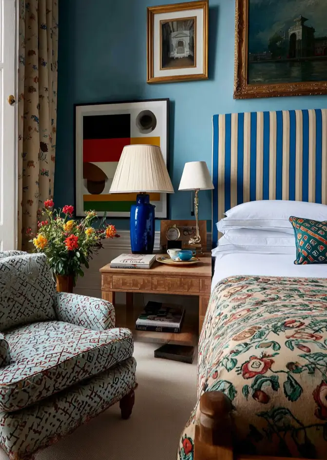 49 Headboard Design Ideas That Instantly Elevate Your Bedroom 33 Blue and cream vertical striped tall upholstered headboard with mixed pattern bedding and eclectic decor.