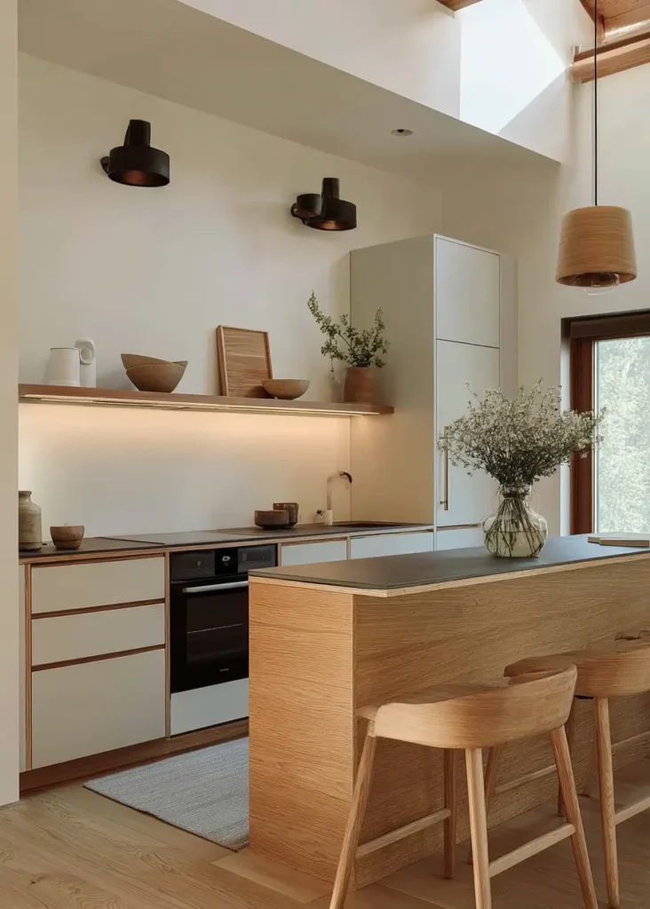 Contemporary Scandinavian kitchen with under-cabinet lighting and minimalist shelving.