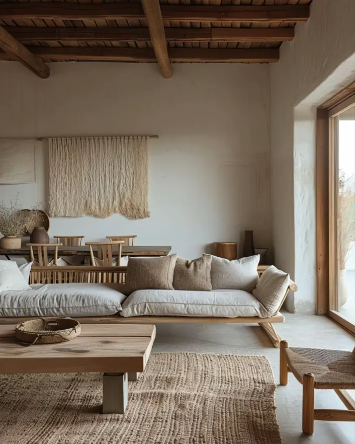 A rustic Japandi living room with exposed ceiling beams, a low wood sofa, and a heavily textured jute rug.