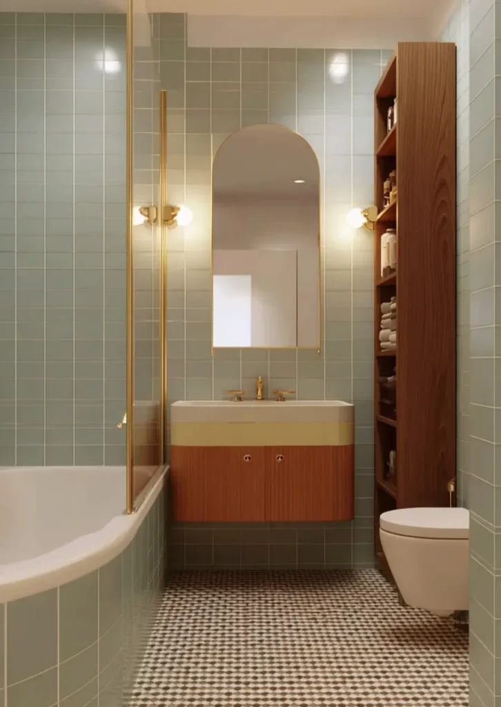 43 Mid Century Modern Small Bathroom Ideas for a Timeless Oasis (2025) 33 Vertical teal tiles with wood shelving and arched mirror in a narrow mid century bathroom.