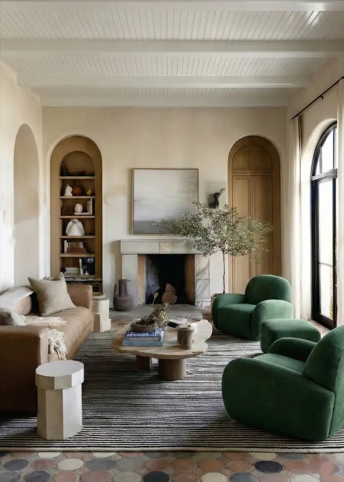 46 Modern Mediterranean Living Room Design Ideas 33 Modern Mediterranean living room with emerald green velvet chairs and indoor olive tree.