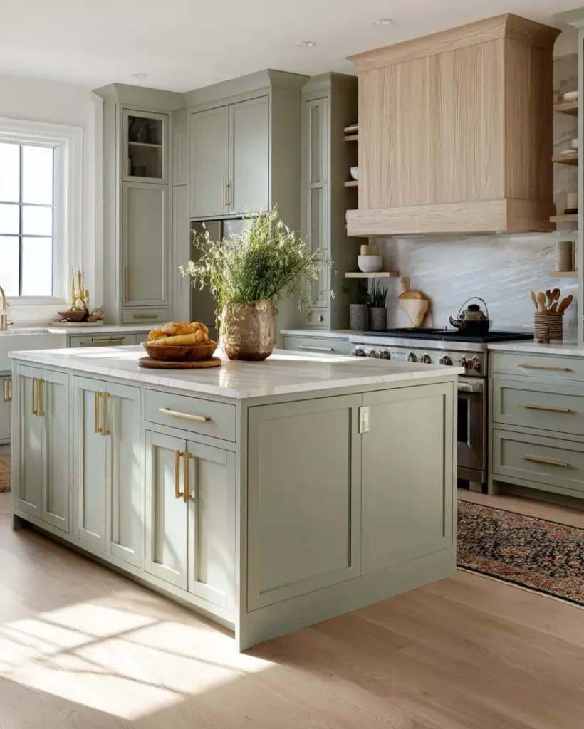 Modern ranch kitchen with sage green shaker cabinets, a wood vent hood, and a white island.