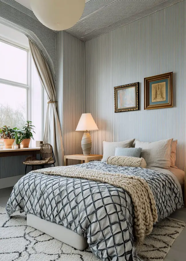 47 Scandinavian Bedroom Interior Design Ideas for a Serene Retreat 33 A Scandinavian design bedroom wrapped in grey pinstripe wallpaper, featuring a bed with a chunky knit throw and a geometric rug.