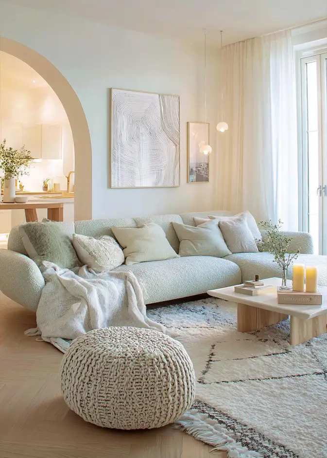 35 Scandinavian Living Room Ideas for a Cozy, Minimalist Home 33 Tonal texture layering with boucle sofa and chunky knit ottoman in a white Scandinavian living room.