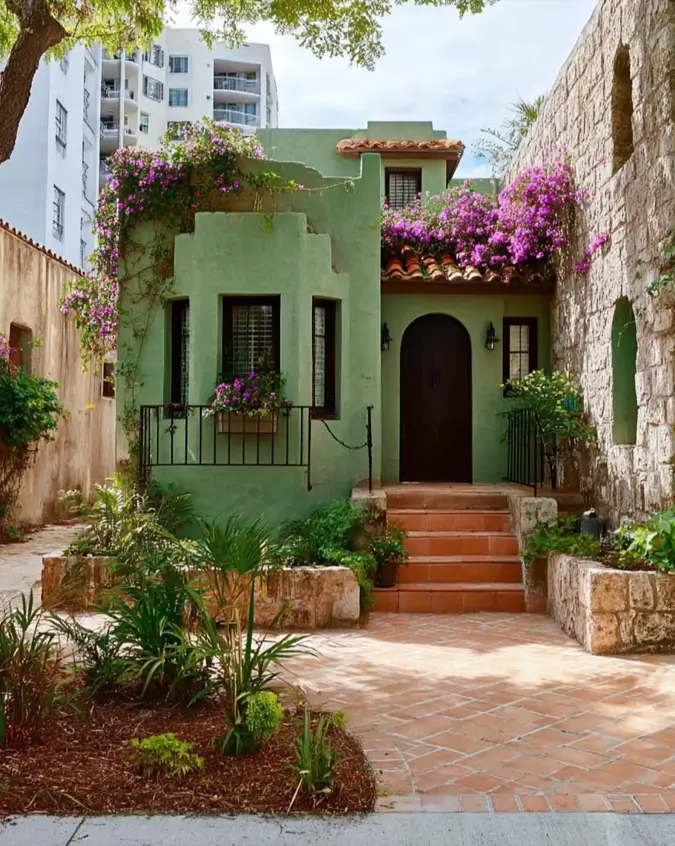38 Small Mediterranean-Style Homes That Define Coastal Charm 33 Sage green small Mediterranean home facade framed by a historic stone wall and vibrant purple bougainvillea vines.