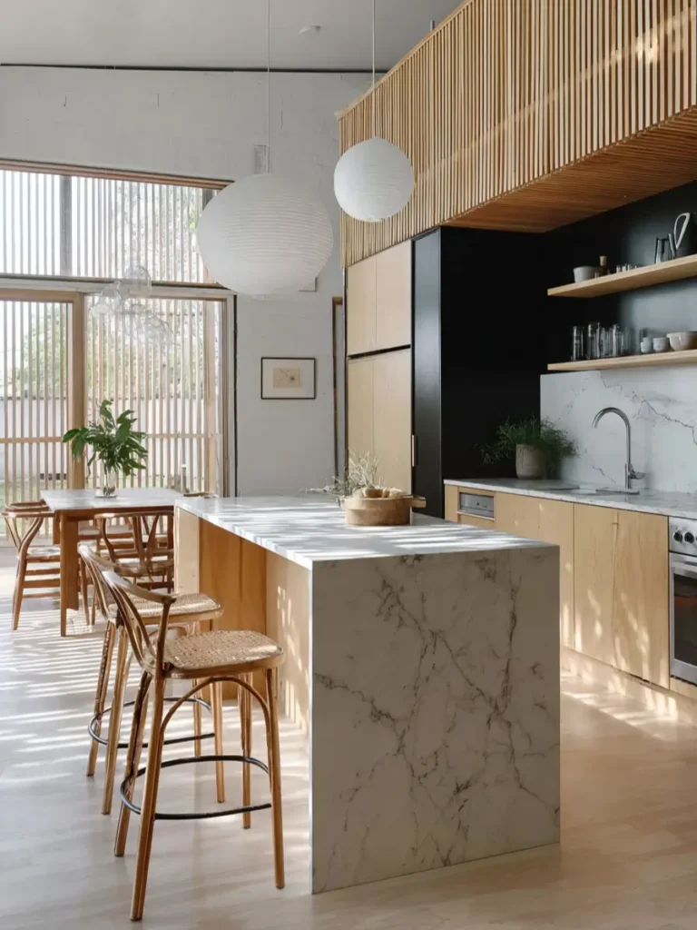 Kitchen design Scandinavian style featuring vertical wood slats and paper lantern lights.