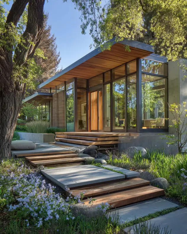37 Mid Century Modern House Exteriors to Inspire Your Renovation 34 A mid-century modern house exterior featuring a post-and-beam structure, wood and concrete elements, and glass walls in a natural setting.