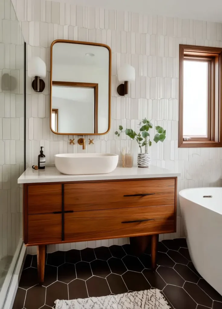 43 Mid Century Modern Small Bathroom Ideas for a Timeless Oasis (2025) 34 Floating walnut vanity with white vessel sink and textured vertical tiles in a modern retro bathroom.