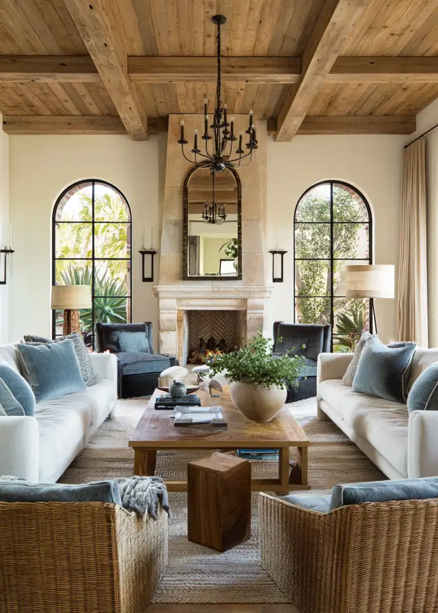 46 Modern Mediterranean Living Room Design Ideas 34 Symmetrical modern Mediterranean style living room with woven armchairs and arched windows.