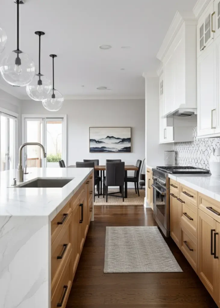 Modern ranch kitchen with natural wood lower cabinets, white upper cabinets, and a white waterfall island.