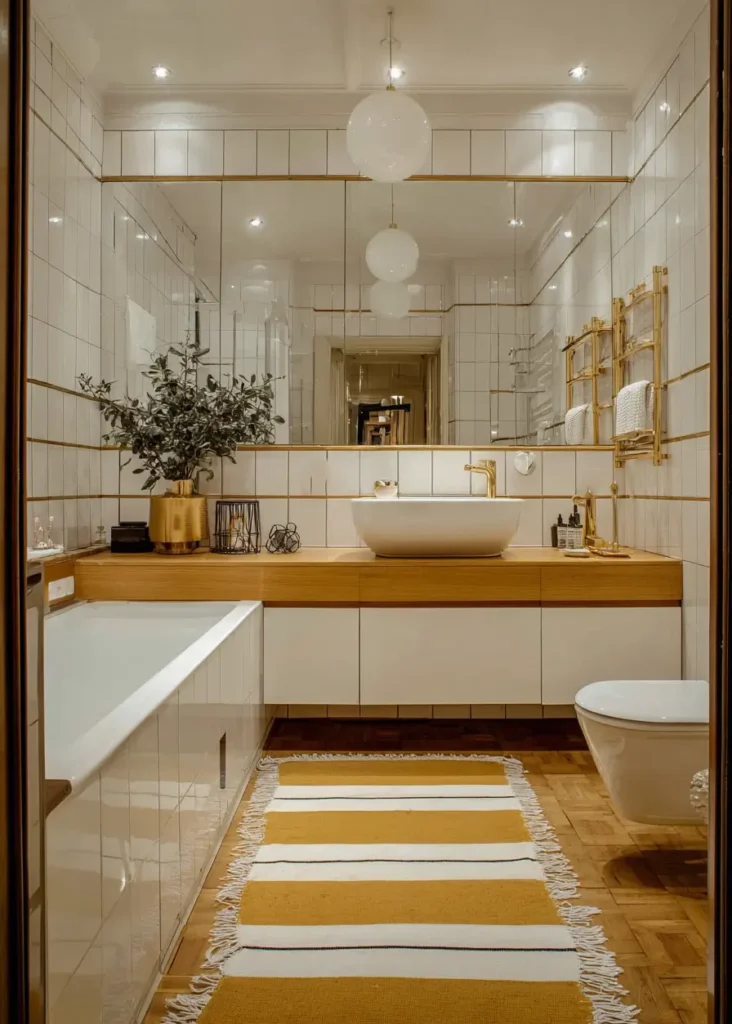 46 Scandinavian Bathroom Design Ideas for a Serene Sanctuary 34 Wall-to-wall mirror with brass trim above a wood vanity in a bright white Scandinavian bathroom.